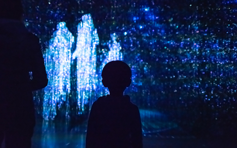 Boy silhouette in front of light art